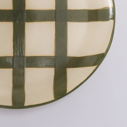 Prato raso xadrez verde em cerâmica - 1 unidade