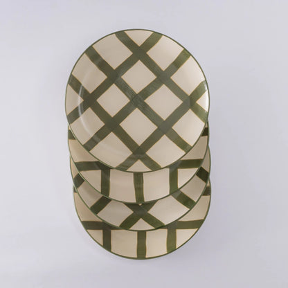 Prato raso xadrez verde em cerâmica - 1 unidade